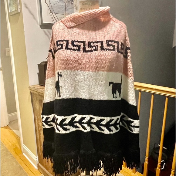 Vintage Hand Knitted Cape/Poncho Pullover | Black/White/Pink | Size: OS - Picture 8 of 14